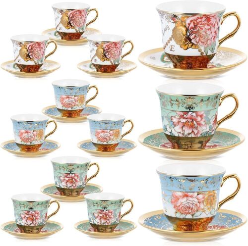 Set of 12 Porcelain Floral Tea Cups and Saucers
