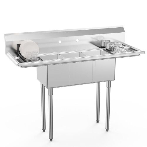 ROVSUN 54" x 20" 3 Compartment Stainless Steel Sink with 2 Drainboards