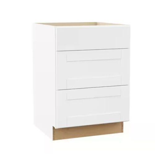 Hampton Bay Shaker 24 in. W x 24 in. D x 34.5 in. H Assembled 3 Drawer Base Kitchen Cabinet in Satin White - Scuffed