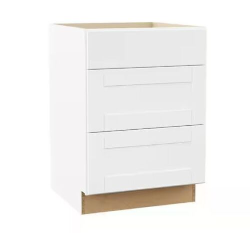 Hampton Bay Shaker 24 in. W x 24 in. D x 34.5 in. H Assembled 3 Drawer Base Kitchen Cabinet in Satin White