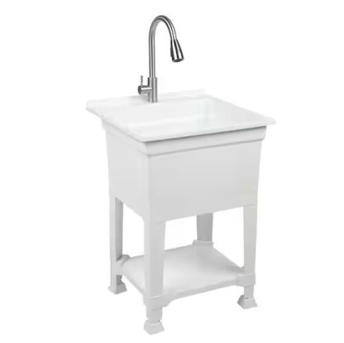 Glacier Bay 24 in. W x 24 in. D x 35 in. H Freestanding Laundry/Utility Sink in White with Stainless Steel Pull-Out Faucet