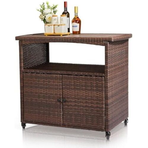 VINGLI Wicker Outdoor Bar Cart with Storage & Wheels