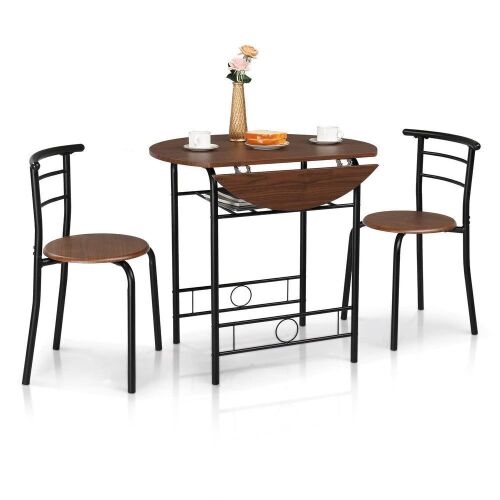 3 Piece Drop Leaf Dining Set Round Folding Table and 2 Chairs Black Brown