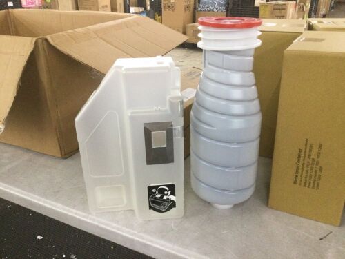 Lot of (4) Black Toner Cartridges & (4) Waste Toner Containers for High Volume Printer