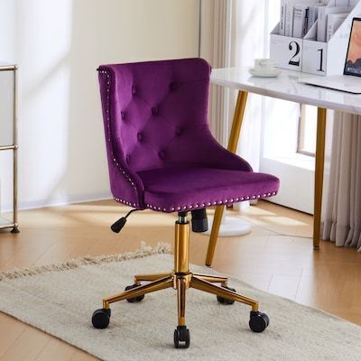 VINGLI 23W x 40H Dark Purple Velvet Swivel Upholstered Armless Office Desk Chair with Gold Base