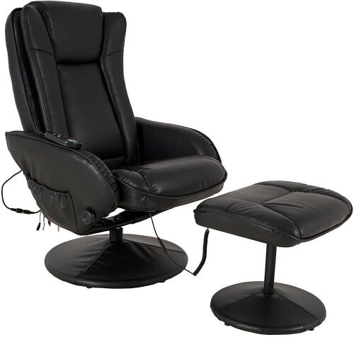 JC HOME Drammen Massaging Leather Recliner and Ottoman with Leather-Wrapped Base, Black - Lot 36