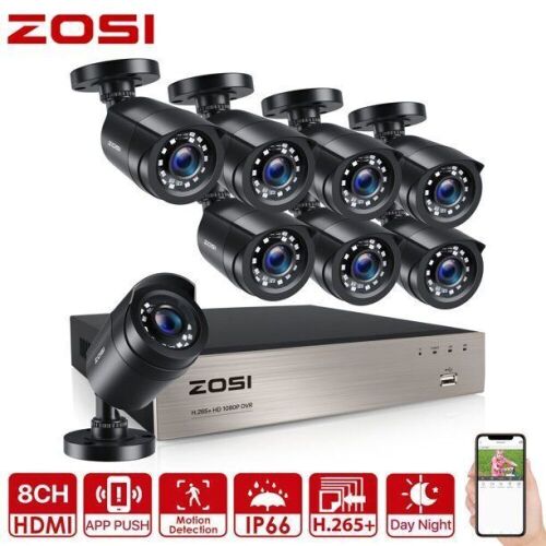 ZOSI H.265+ 8CH 5MP Lite DVR 1080P Home Security Camera System Outdoor, 8pcs 1080P 1920TVL Surveillance Weatherproof Bullet Cameras, 80ft IR Night Vision, Motion Alert, Remote Access, No HDD - Lot 95