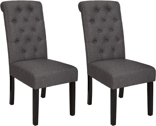 Amazon Basics Classic Fabric Tufted Dining Chair with Wooden Legs, Set of 2, Charcoal - Lot 196