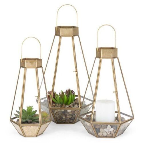 Set of 3 Indoor Outdoor Decorative Metal Faceted Hurricane Candle Lanterns w/ Clear Glass  - Lot 299