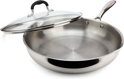 AVACRAFT 18/10 Stainless Steel Frying Pan with Lid and Side Spouts, Induction Compatible, Multi-Ply Capsule Bottom, 12 Inch - Lot 564