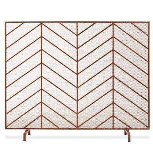 Single Panel Iron Chevron Fireplace Screen w/ Antique Finish - 38x31in - Lot 584