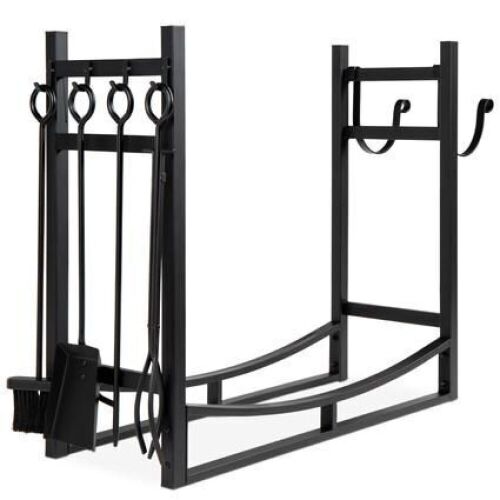 Steel Firewood Log Storage Rack & Tool Set w/ Kindling Holder - 34.25in - Lot 586
