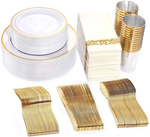 WDF Partyware 50 Guest Gold Plastic Plates with Disposable Cutlery, Gold Plastic Cups, & Napkins - Lot 620