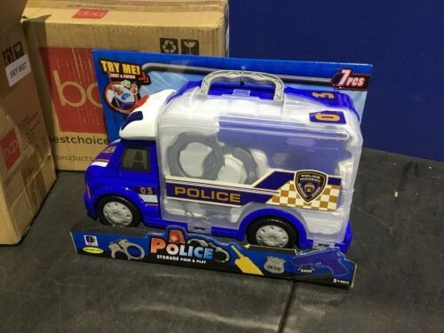 Lot of (2) 7-Piece Kids Portable Police Truck Pretend Play Toy Set w/ Storage, LED Lights, Sounds, Accessories - Lot 854