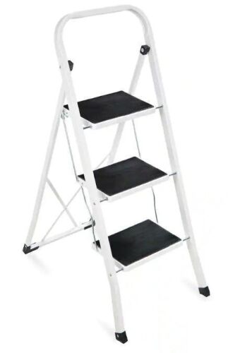 3 Step Ladder Folding Lightweight Step Stool for Home w/ Non-Slip Feet, Padded Steps, 330lb, White