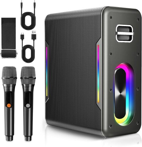 Karaoke Machine with 2 Wireless Microphones Portable Bluetooth Karaoke Machine for Adults Kids Autotune DSP Chip Karaoke Speaker with LED Lights Supports TWS TF Card USB AUX in