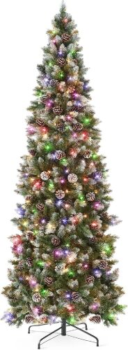 4.5ft Pre-lit Pencil Christmas Tree, Partially Flocked & Frosted Slim Holiday Tree Decoration w/White & Multicolor 2-in-1 Lights