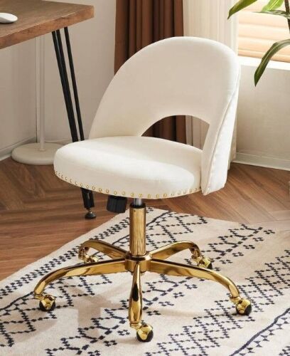 Modern Velvet Cute Desk Chair with Wheels,Gold Base/Studs, Comfy Armless Swivel Vanity Task Nail Tech Chair for Bedroom