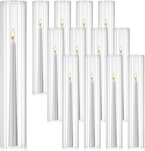 12 Pcs Hurricane Glass Candle Holders 2.5 x 14 Open Ended Tube Ribbed Shade Bottomless Chimney Cylinder Taper Candle Cover for Wedding Anniversary Home Table Centerpiece