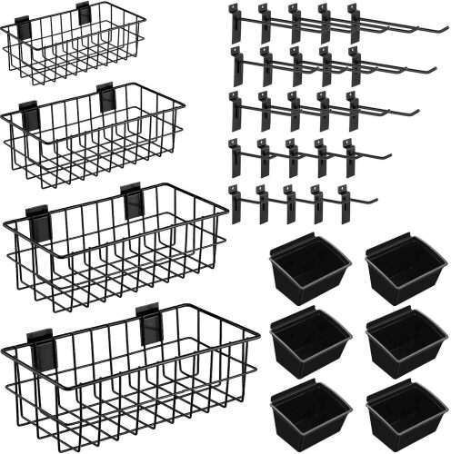 Barydat 35 Pcs Slatwall Accessories Set Includes 4 Slatwall Baskets, 6 Storage Bins and 25 Hooks Mounted Hanging Organizer Kits for Shops Rooms Storage Display Organizing(Black)