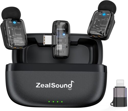 Mini Wireless Lavalier Microphone for iPhone iPad Android, Dual Channel Wireless Mics with Noise Cancellation, Mute & Volume Control, 33H Battery Case, USB-C & Lightning Plug & Play