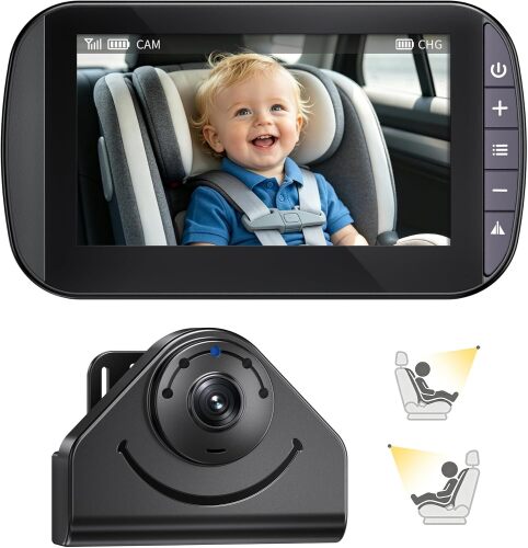 Wireless Baby Car Camera Monitor – 1080P HD Rear Seat Camera, 4.3” IPS Screen, 120° Wide Angle, IR-Cut Night Vision, USB & Battery Powered Plug and Play, for New Parents Infant Toddler Safety Driving