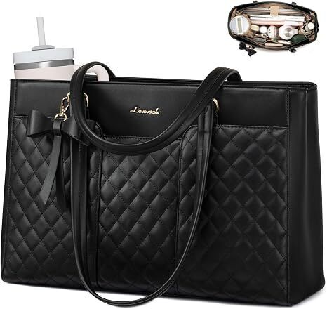 LOVEVOOK Laptop Tote Bag for Women,15.6 Inch Work Bags PU Leather Teacher Tote Bag, Waterproof Quilted Computer Bag