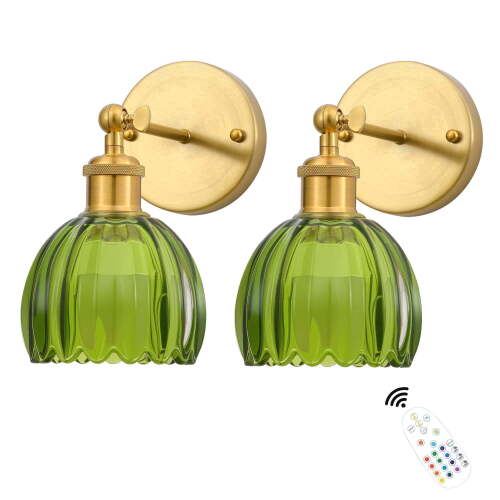 2-Pack Wireless Battery Operated Wall Sconces, RGB Color Changing & 3 Color Temp, USB Rechargeable Dimmable Wall Lights with Remote, Green Glass, for Bedroom/Hallway