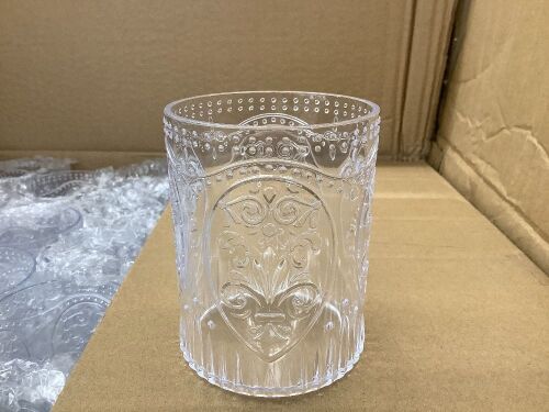 Case of Plastic Vintage Drinking Glasses 8.5oz Stemless Retro Embossed Wine Glasses Shatterproof Reusable Cups for Baby Shower Wedding Reception Grand Event Party (Clear)