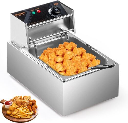 ROVSUN 1700W Commercial Deep Fryer with Basket, 11.4QT/10.8L Stainless Steel Electric Deep Fryer Machine w/Lid and Basket, Fryer with Temperature Control for Both Home and Commercial Kitchens