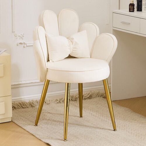 VINGLI 33-in H Petal Cute Flower Makeup Vanity Chair with Back Adjustable Gold Legs and Bow Pillow Velvet White