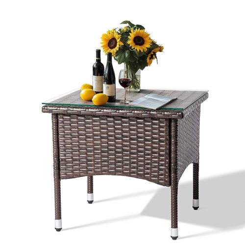 VINGLI 20W x 18H Outdoor Wicker Side Table with Tempered Glass Top for Balcony Porch Deck Brown