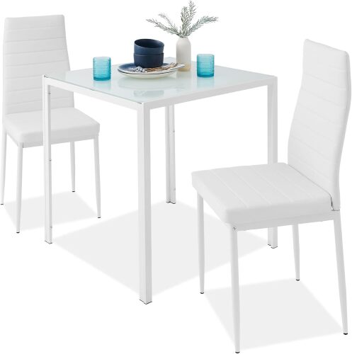 3-Piece Glass Dining Set, Modern Kitchen Dining Table Furniture, Compact Space-Saving Glass Table, 2 Upholstered Chairs