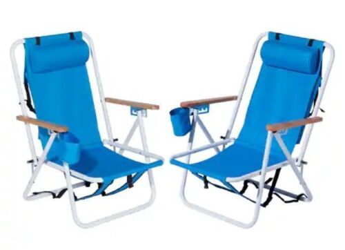2PCS Portable Folding Beach Chairs with Headrest Adjustable 4-Position Backpack Foldable, Pillow for Outdoor Beach