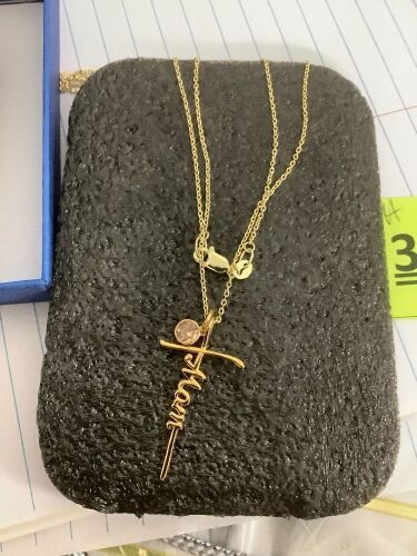 Mom Cross Pendant Necklace with Pink Birthstone