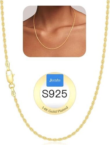 Jewlpire 2mm Rope Chain Necklace for Women, 14K Gold Plated Chains