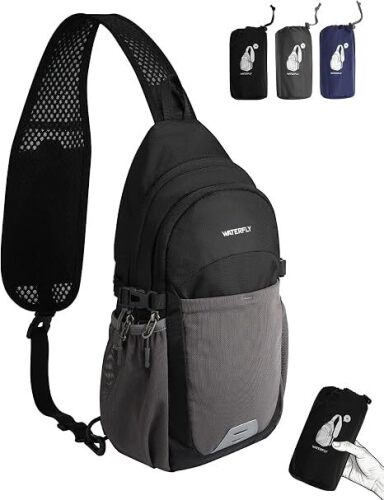 WATERFLY Packable Crossbody Sling Bag: Small Lightweight Travel RFID Blocking Sling Daypack with Water Bottle Holder - Shoulder Chest Bag Backpack for Women Men Hiking Traveling Theme Parks