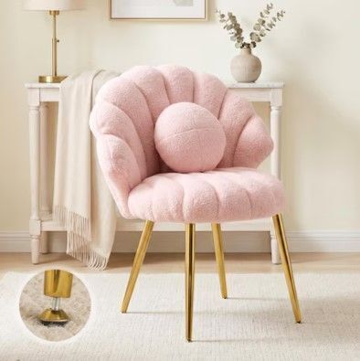VINGLI Shell-Shaped Accent Vanity Chair Teddy Fleece No Wheels Gift for Girls Women Ideal for Makeup Office