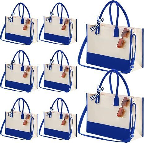 Aoriher 8 PCS Canvas Tote Bag with Shoulder Strap Zipper Opening Grocery Tote for Women Birthday Bridesmaid Gift Bag