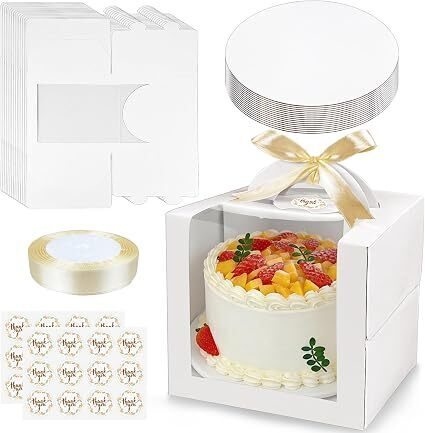 MUMULULU 15 PCS 8 x 8 x 8 Inches Cake Boxes with Carry Handles and Cake Boards Bakery Boxes with Silk Ribbon and Stickers for Cakes Pastries Birthday Party Wedding (White 8×8×8)