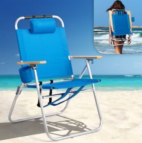 VINGLI 17-in Aluminum Backpack Beach Chair with Adjustable Straps 3-Position Reclining Cup Holder
