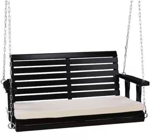 4 ft. Patio Black Wood Porch Swing With Cushion