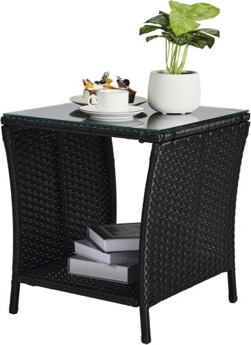 VINGLI Outdoor Wicker Side Table Patio Side Tables for Outside, Tempered Glass Top Wicker Table with Storage End Table for Balcony Porch Deck (Black)