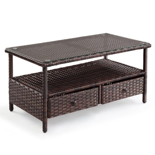 Outdoor All-Weather Wicker Coffee Table with 2 Drawers and Tempered Glass Top for Garden/Balcony/Backyard