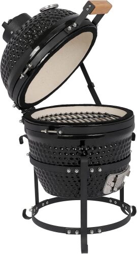 Kamado Charcoal Grill and Smoker with Cast Iron Grate, Portable, Best Small BBQ Grill for Indoor/Outdoor Use, 13’’ Mini Max, Black