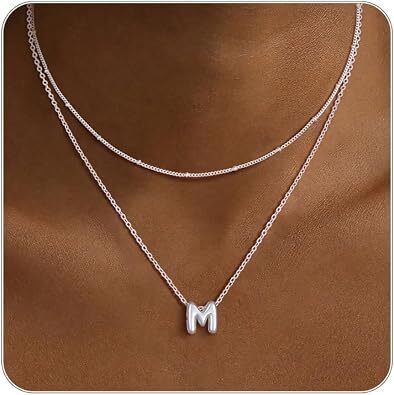Thaivor Initial Necklaces for Women 14K Gold Plated Bubble Letter Necklace Layered Dainty Cute Choker Pendant Stack Jewelry Fashion Accessories Teen Trendy Gift