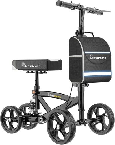 BlessReach Steerable Knee Walker Deluxe Medical Scooter for Foot Injuries Compact Crutches, with Dual Rear on-Wheel Brake and Shock Absorption Under The Knee pad, Black
