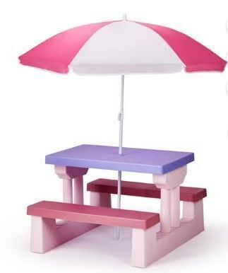 Kids Outdoor Picnic Table & Chair Set - Removable Sun Umbrella, 2 Built-In Benches for Backyard/Patio/Indoor Use