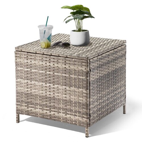 Outdoor Side Table with Storage/27-Gallon Patio Wicker Deck Box for Poolside Balcony