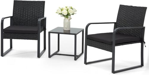 Bezseller 3 Piece Outdoor Patio Furniture Set, Patio Bistro Set Wicker Conversation Set, Modern Rattan Chair with Glass Coffee Table for Backyard, Porches, Poolside, Lawn and Balcony